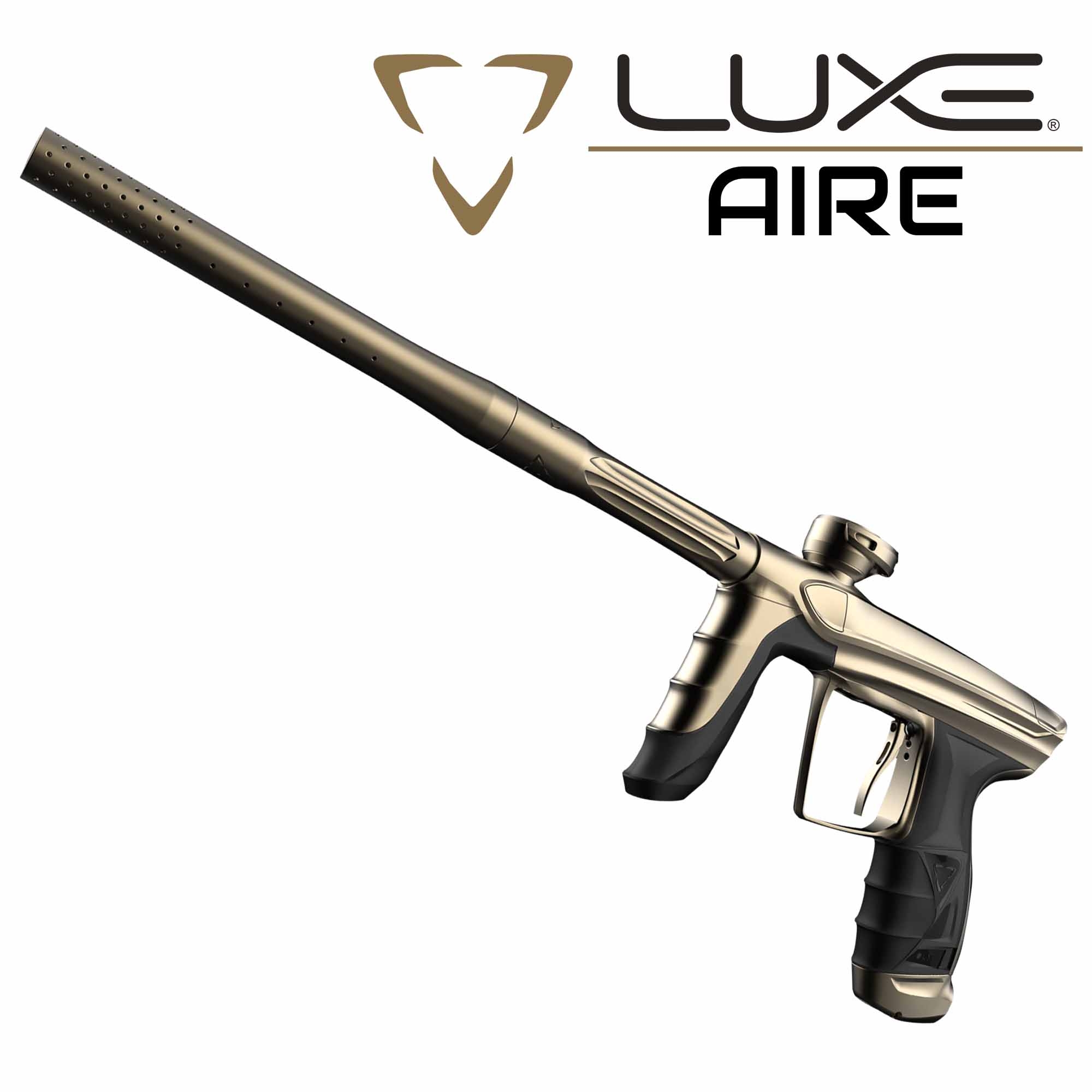 DLX Luxe® AIRE marker, dust gold paintball pistol, gas ram, pneumatic marker, bronze color, long barrel