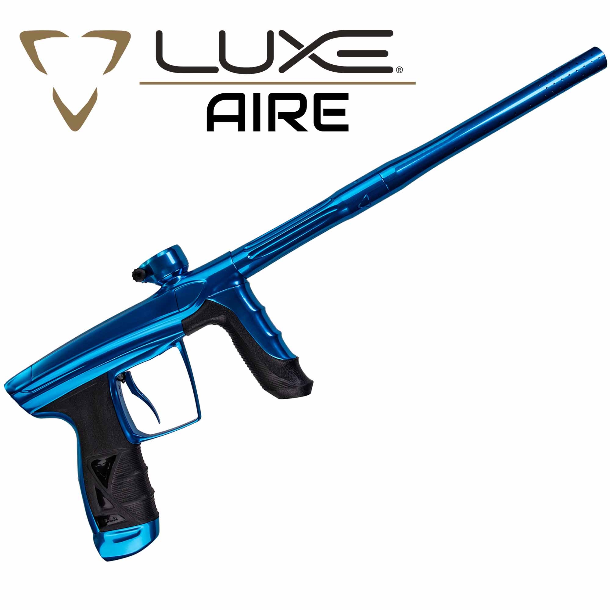 DLX Luxe® AIRE marker, polished blue Paintball-Pistole, blaue Farbe, Griffstück, Langer Lauf, Einstellungsvorrichtung