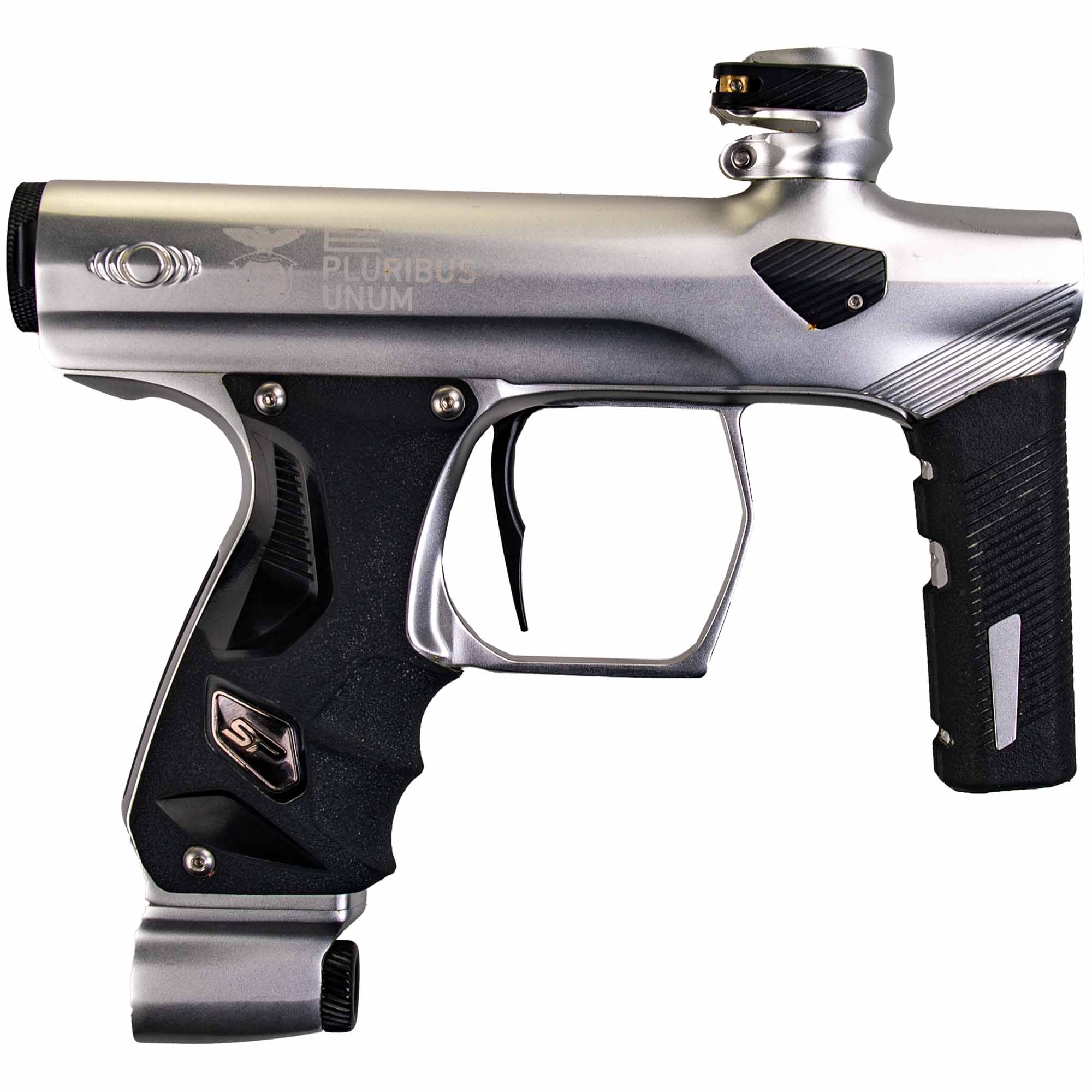 SP Shocker® ERA marker "e pluribus unum", white matte paintball gun, gas-powered, silver-black, pistol grip, airgun accessory?