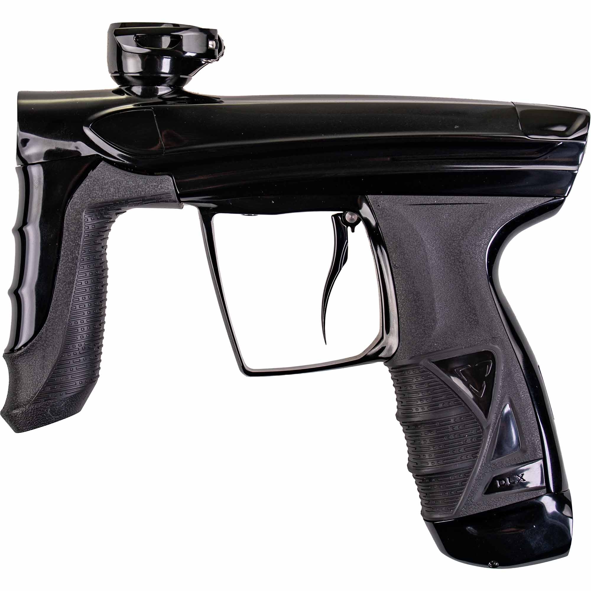 DLX Luxe® AIRE marker, polished black paintball gun, pistol grip, black, airsoft, caliber